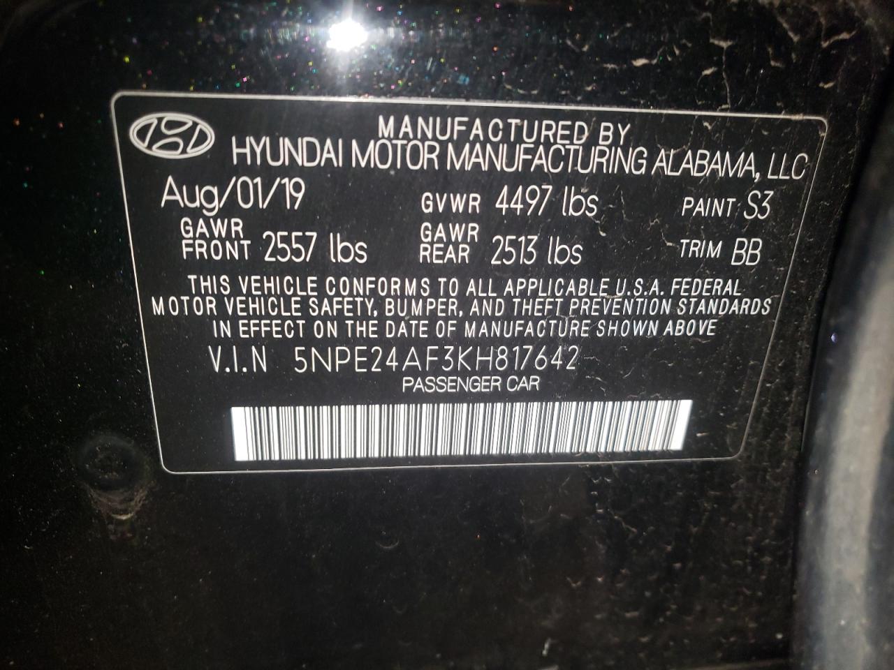 Photo 10 from auction – 2019 HYUNDAI SONATA SE with VIN 5NPE24AF3KH817642