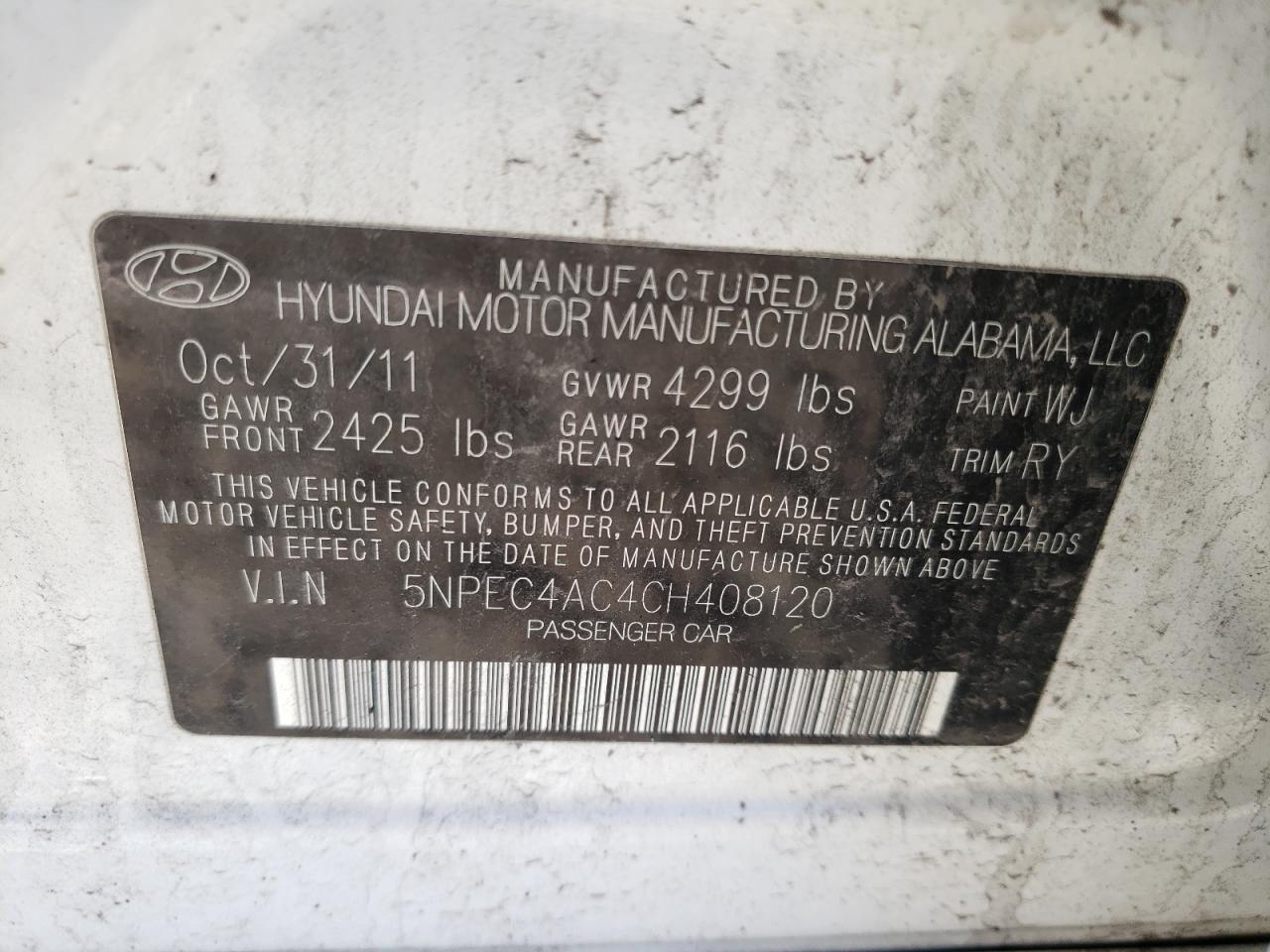 Photo 10 from auction – 2012 HYUNDAI SONATA SE with VIN 5NPEC4AC4CH408120