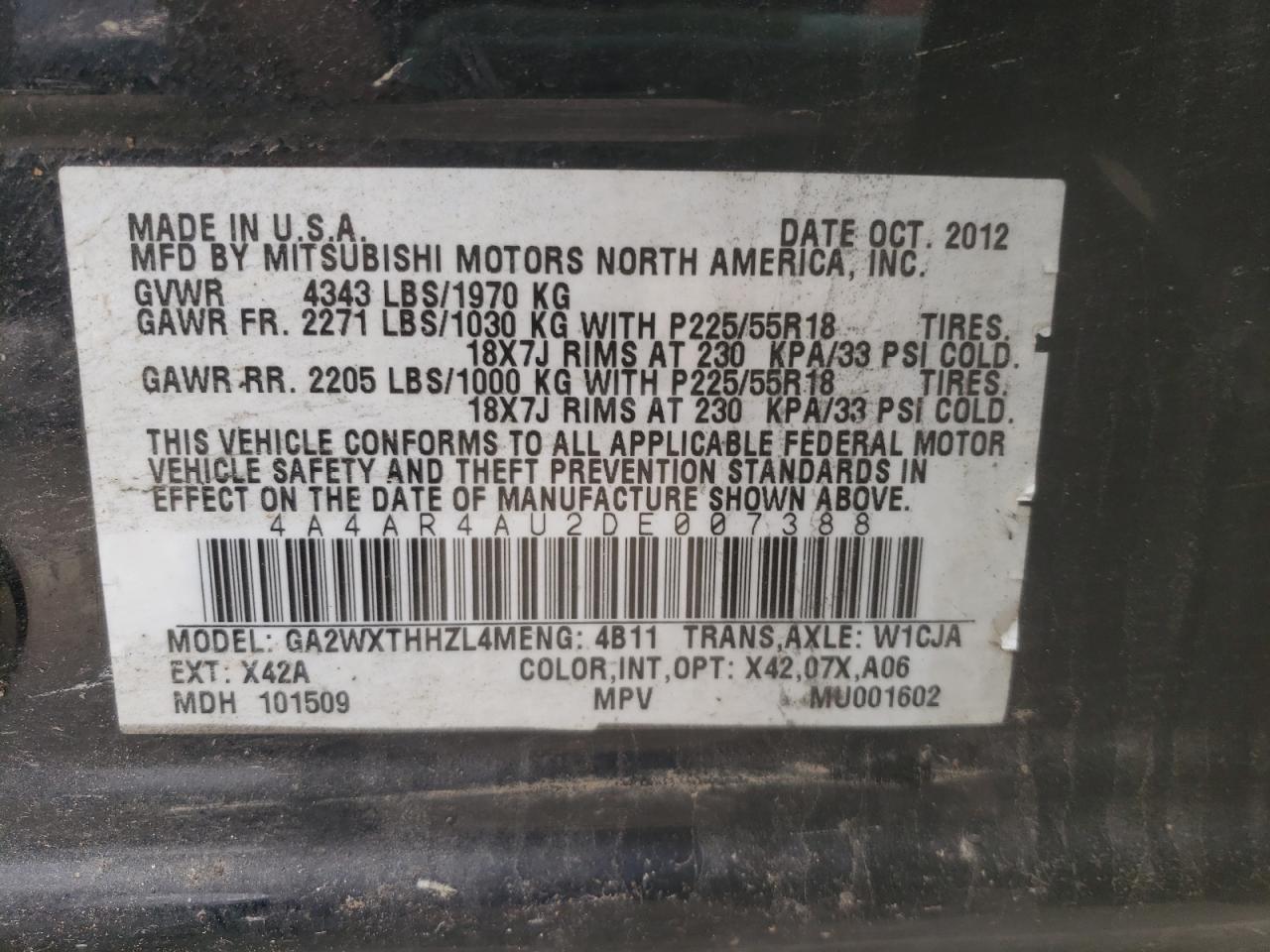 Photo 10 from auction – 2013 MITSUBISHI OUTLANDER with VIN 4A4AR4AU2DE007388