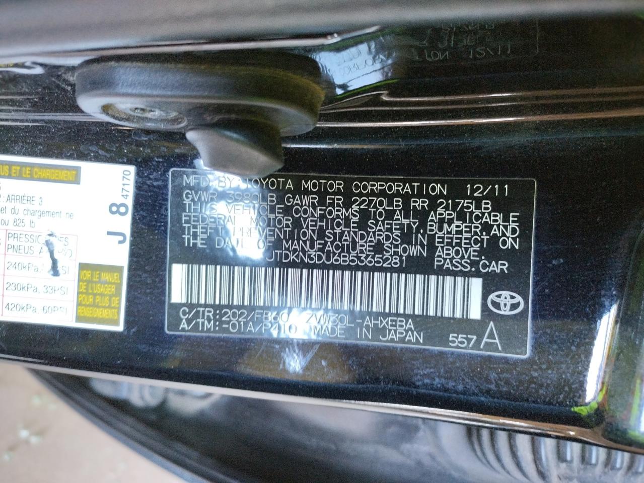 Photo 10 from auction – 2011 TOYOTA PRIUS with VIN JTDKN3DU6B5365281