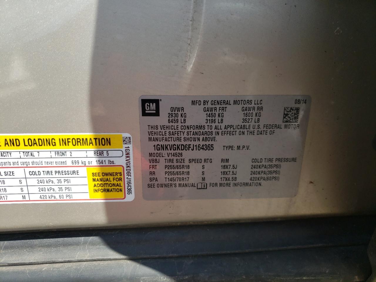 Photo 10 from auction – 2015 CHEVROLET TRAVERSE L with VIN 1GNKVGKD6FJ164365