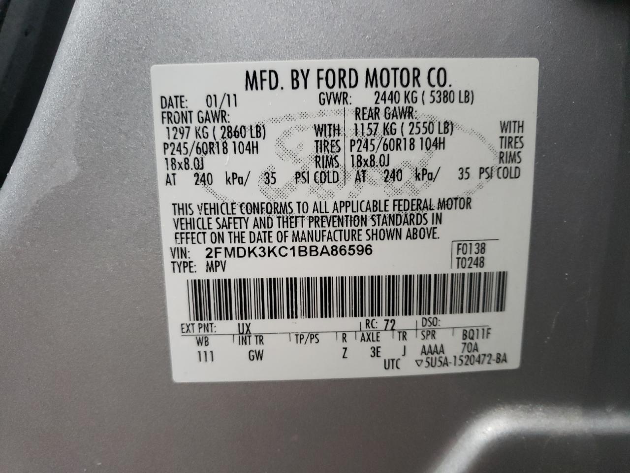 Photo 10 from auction – 2011 FORD EDGE LIMIT with VIN 2FMDK3KC1BBA86596