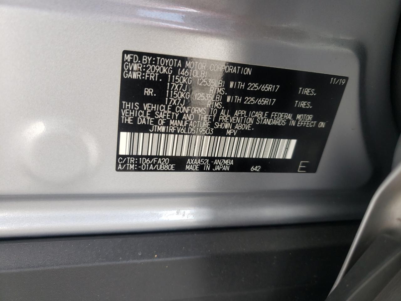 Photo 10 from auction – 2020 TOYOTA RAV4 XLE with VIN JTMW1RFV6LD519503