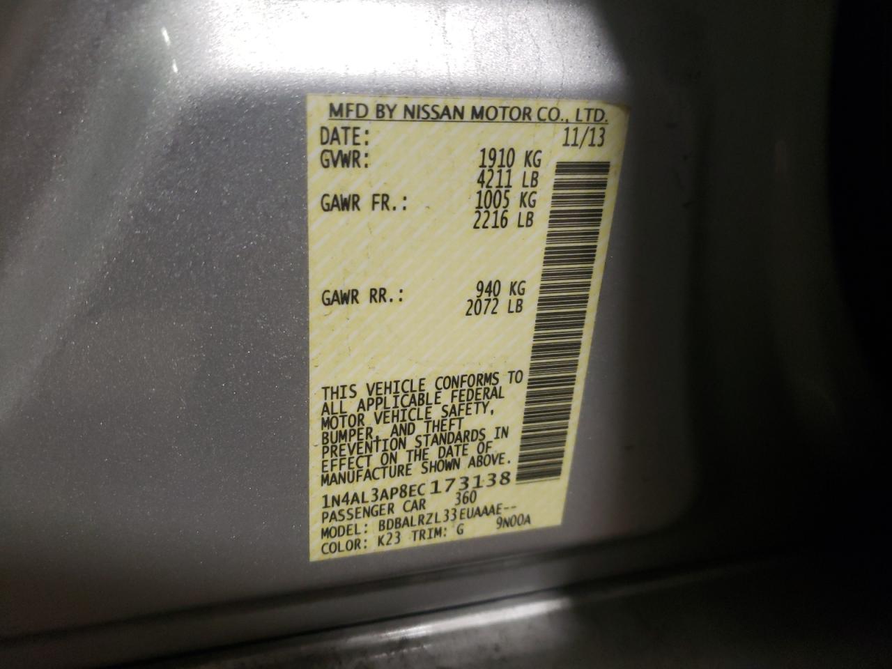 Photo 10 from auction – 2014 NISSAN ALTIMA 2.5 with VIN 1N4AL3AP8EC173138