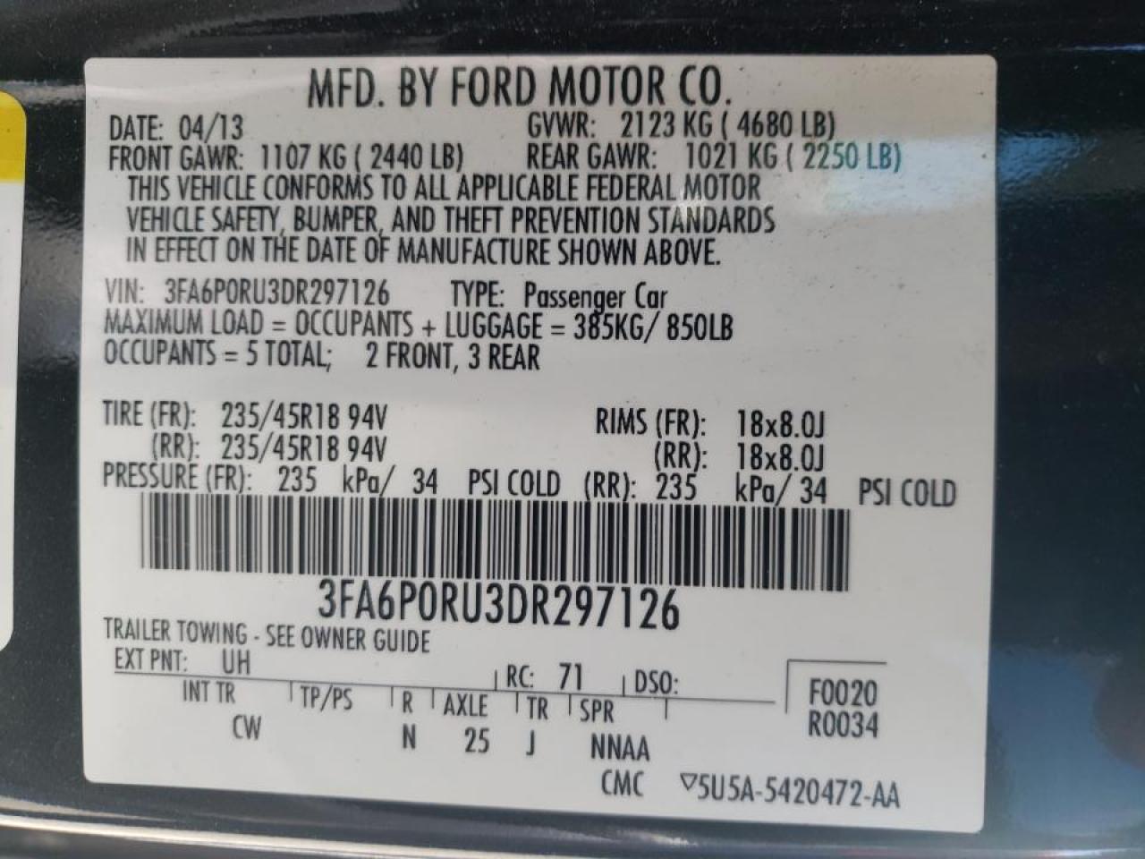 Photo 10 from auction – 2013 FORD FUSION TIT with VIN 3FA6P0RU3DR297126