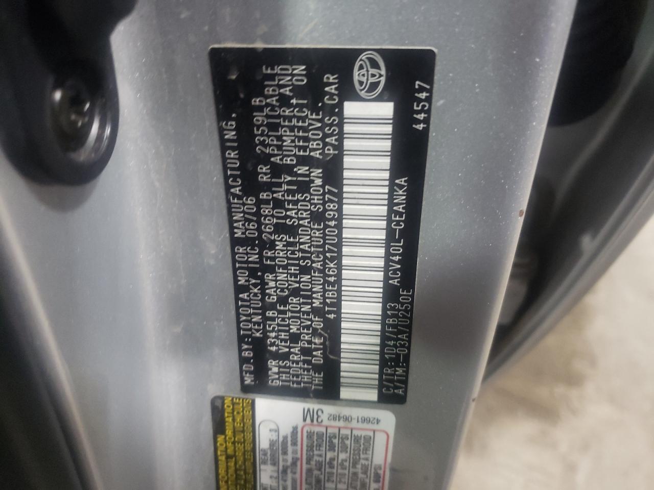 Photo 10 from auction – 2007 TOYOTA CAMRY CE with VIN 4T1BE46K17U049877