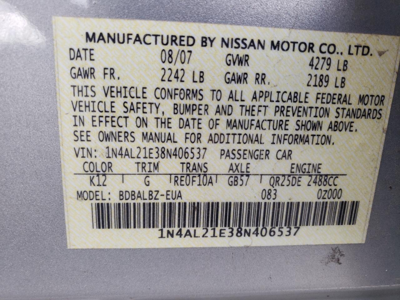 Photo 10 from auction – 2008 NISSAN ALTIMA 2.5 with VIN 1N4AL21E38N406537