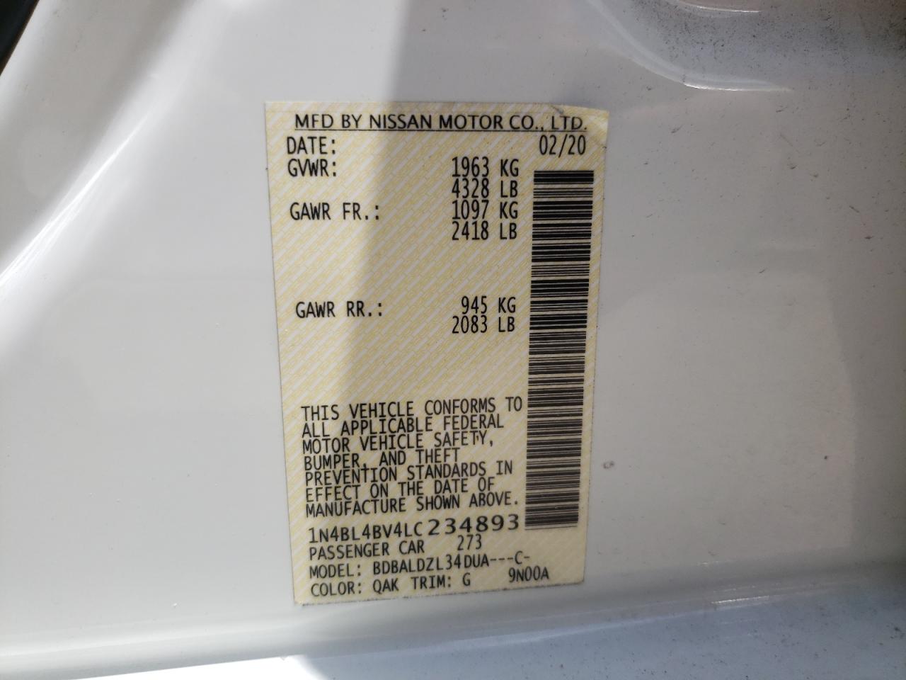Photo 10 from auction – 2020 NISSAN ALTIMA S with VIN 1N4BL4BV4LC234893