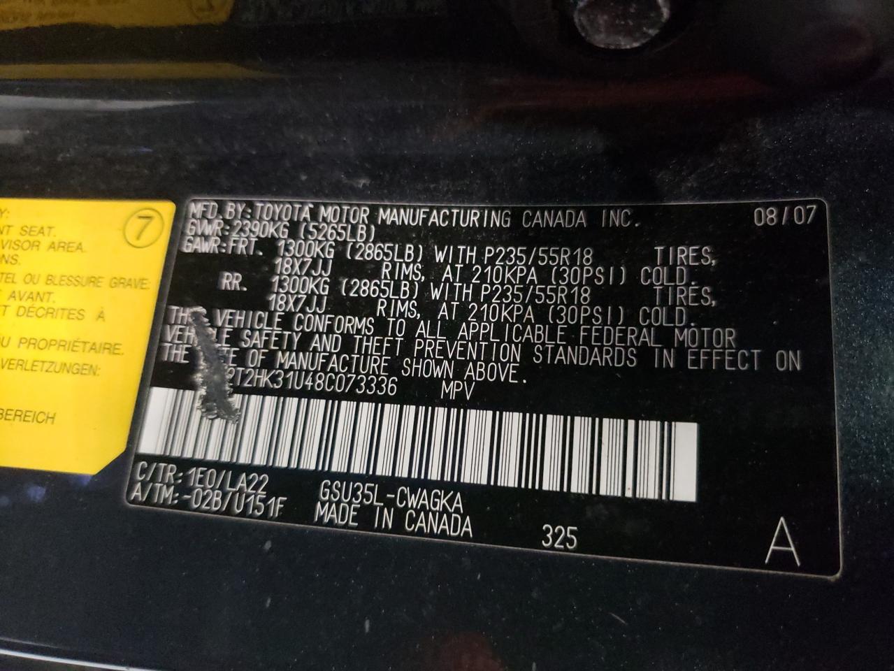 Photo 10 from auction – 2008 LEXUS RX 350 with VIN 2T2HK31U48C073336