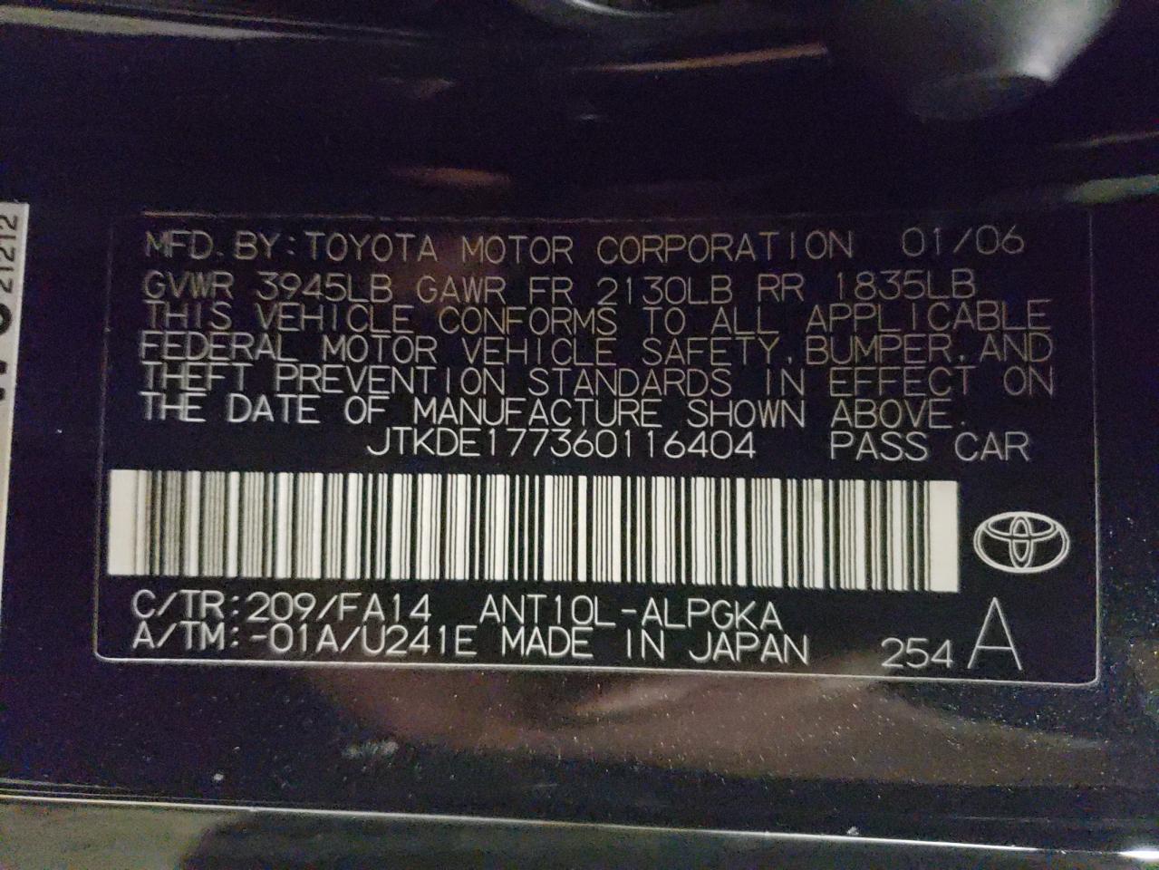 Photo 10 from auction – 2006 TOYOTA SCION TC with VIN JTKDE177360116404