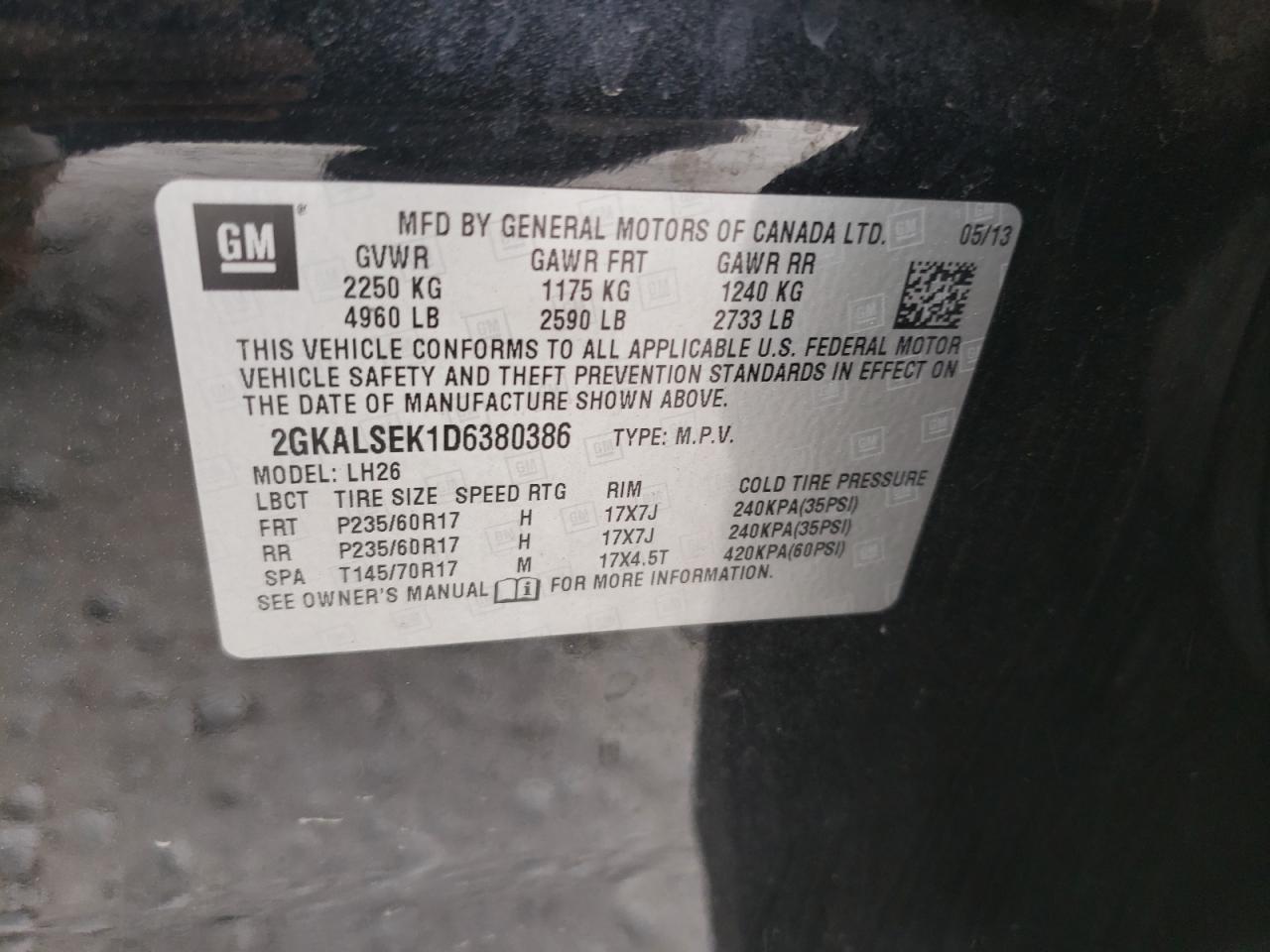 Photo 10 from auction – 2013 GMC TERRAIN SL with VIN 2GKALSEK1D6380386