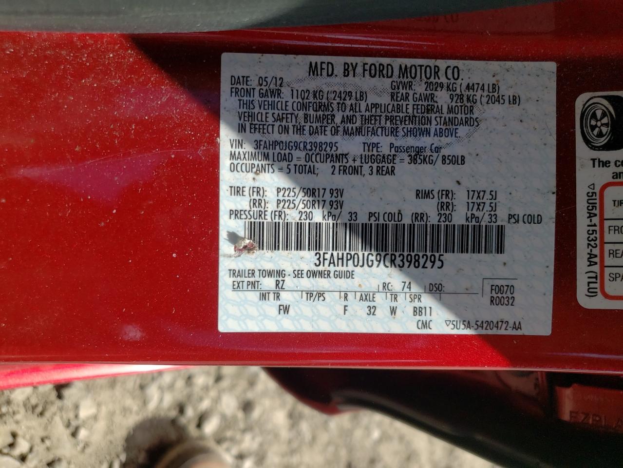 Photo 10 from auction – 2012 FORD FUSION SEL with VIN 3FAHP0JG9CR398295