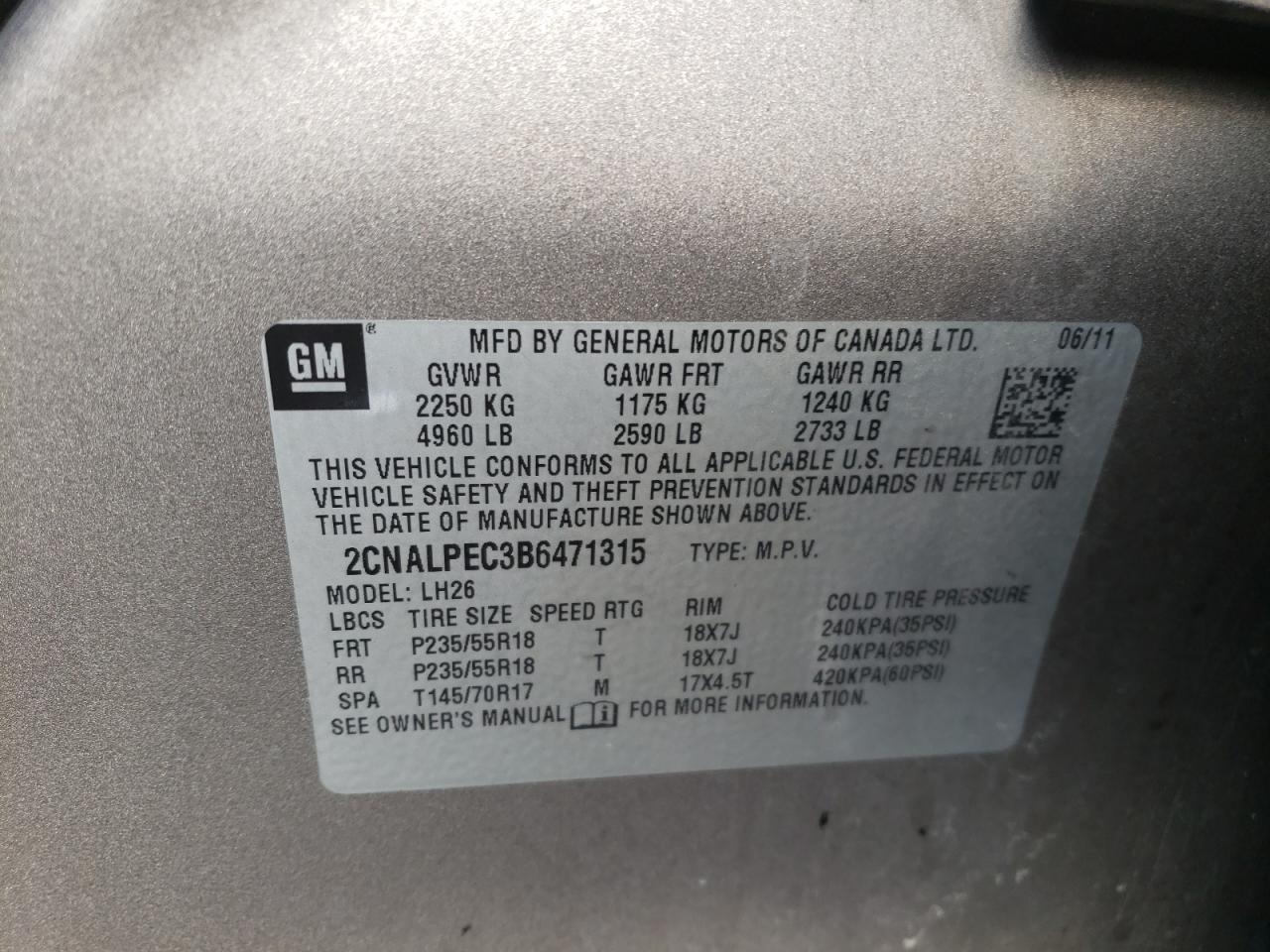 Photo 10 from auction – 2011 CHEVROLET EQUINOX LT with VIN 2CNALPEC3B6471315