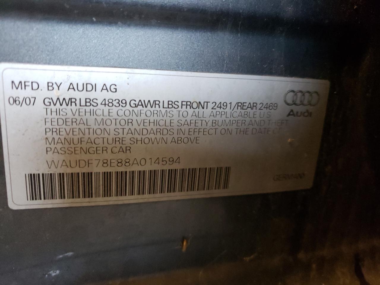 Photo 10 from auction – 2008 AUDI A4 2.0T QU with VIN WAUDF78E88A014594