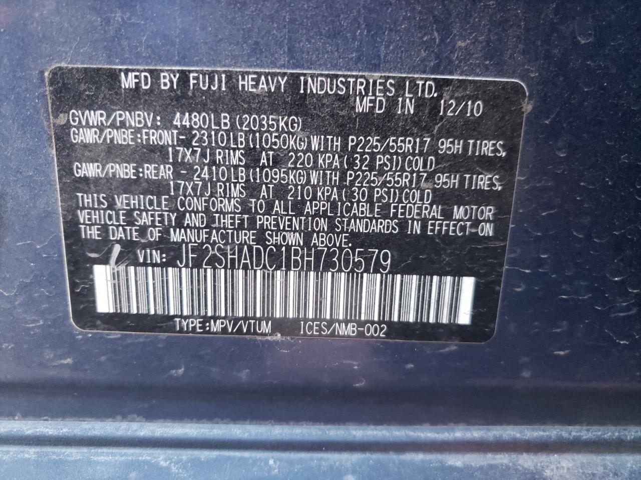 Photo 10 from auction – 2011 SUBARU FORESTER 2 with VIN JF2SHADC1BH730579