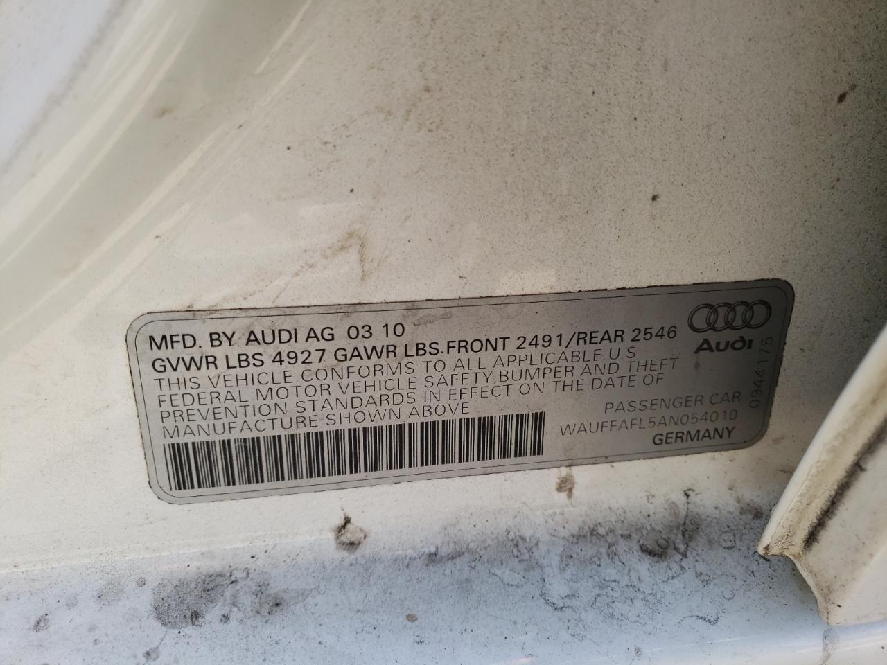Photo 10 from auction – 2010 AUDI A4 PREMIUM with VIN WAUFFAFL5AN054010