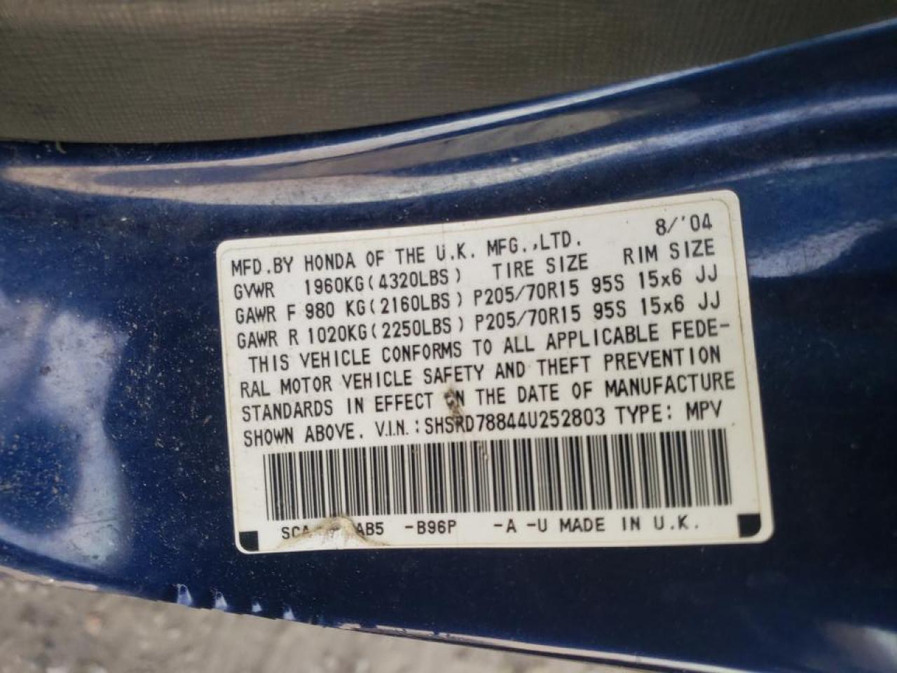 Photo 10 from auction – 2004 HONDA CR-V EX with VIN SHSRD78844U252803