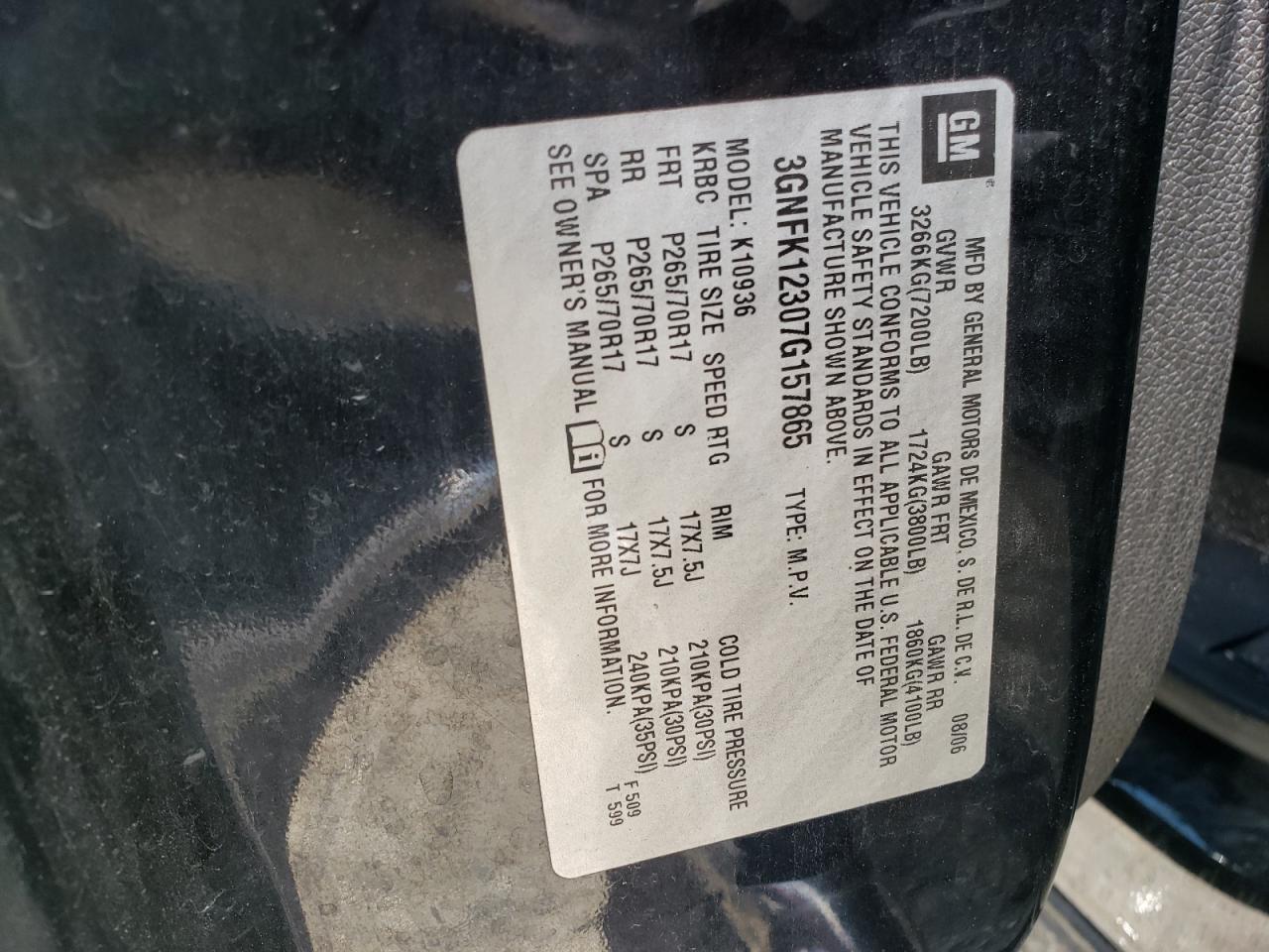 Photo 10 from auction – 2007 CHEVROLET AVALANCHE with VIN 3GNFK12307G157865