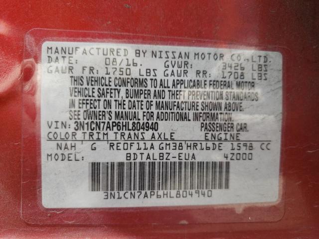 Photo 10 from auction – 2017 NISSAN VERSA S with VIN 3N1CN7AP6HL804940