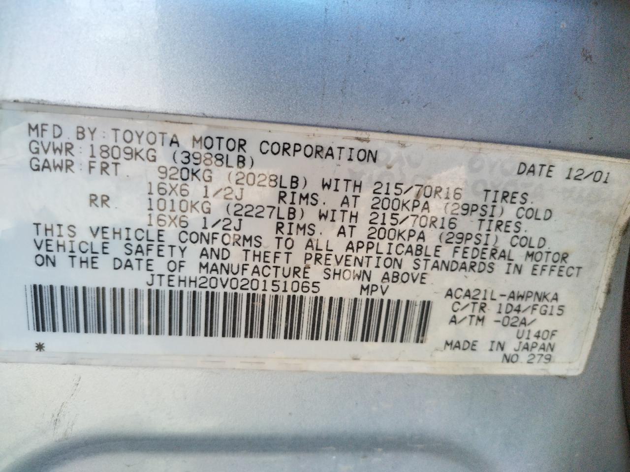 Photo 10 from auction – 2002 TOYOTA RAV4 with VIN JTEHH20V020151065