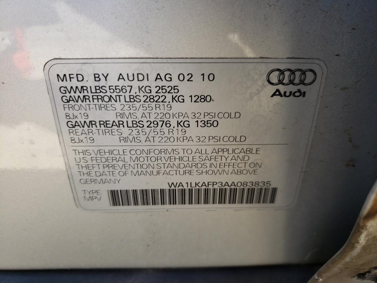 Photo 10 from auction – 2010 AUDI Q5 PREMIUM with VIN WA1LKAFP3AA083835