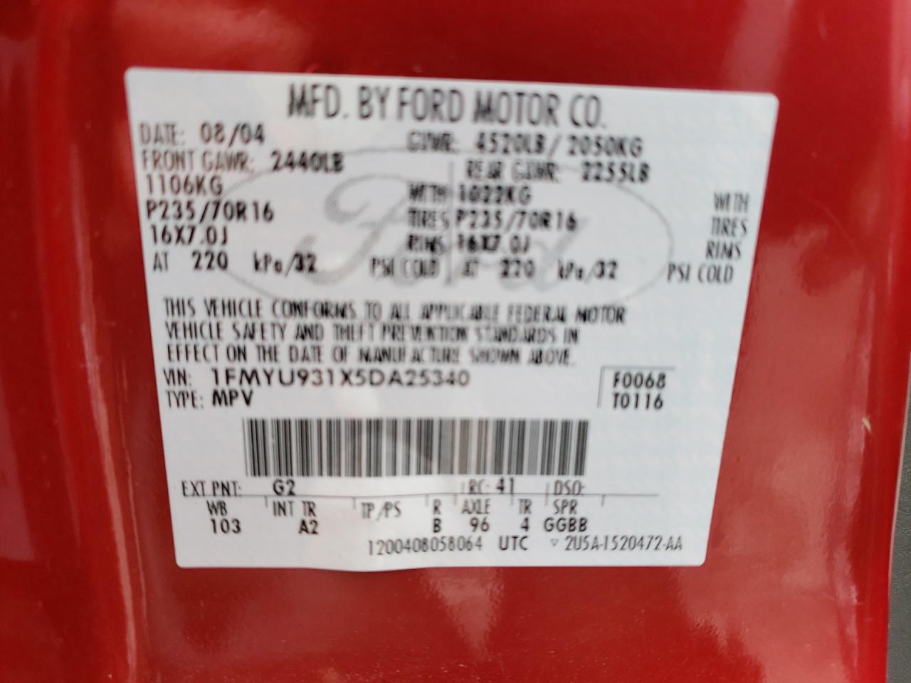 Photo 10 from auction – 2005 FORD ESCAPE XLT with VIN 1FMYU931X5DA25340