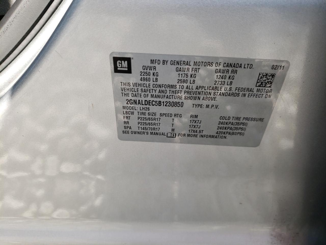 Photo 10 from auction – 2011 CHEVROLET EQUINOX LT with VIN 2GNALDEC5B1230850