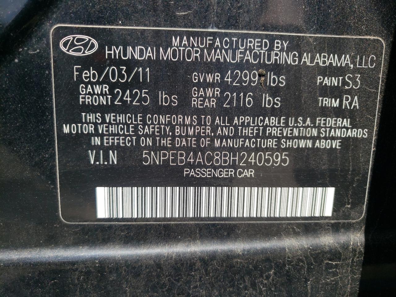 Photo 10 from auction – 2011 HYUNDAI SONATA GLS with VIN 5NPEB4AC8BH240595