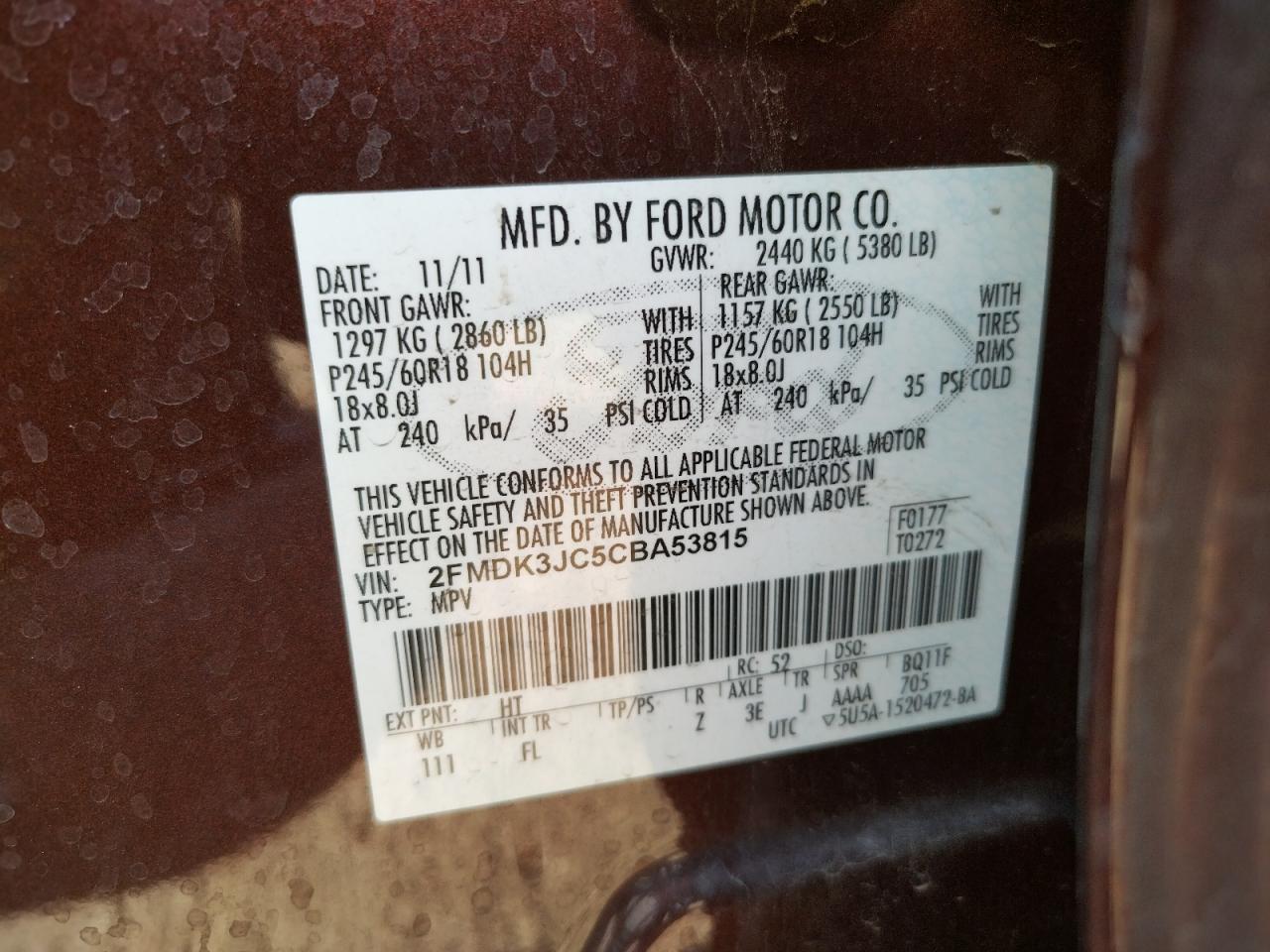 Photo 10 from auction – 2012 FORD EDGE SEL with VIN 2FMDK3JC5CBA53815