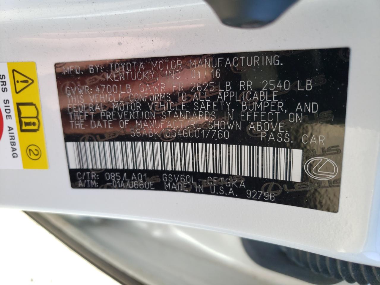 Photo 10 from auction – 2016 LEXUS ES 350 with VIN 58ABK1GG4GU017760