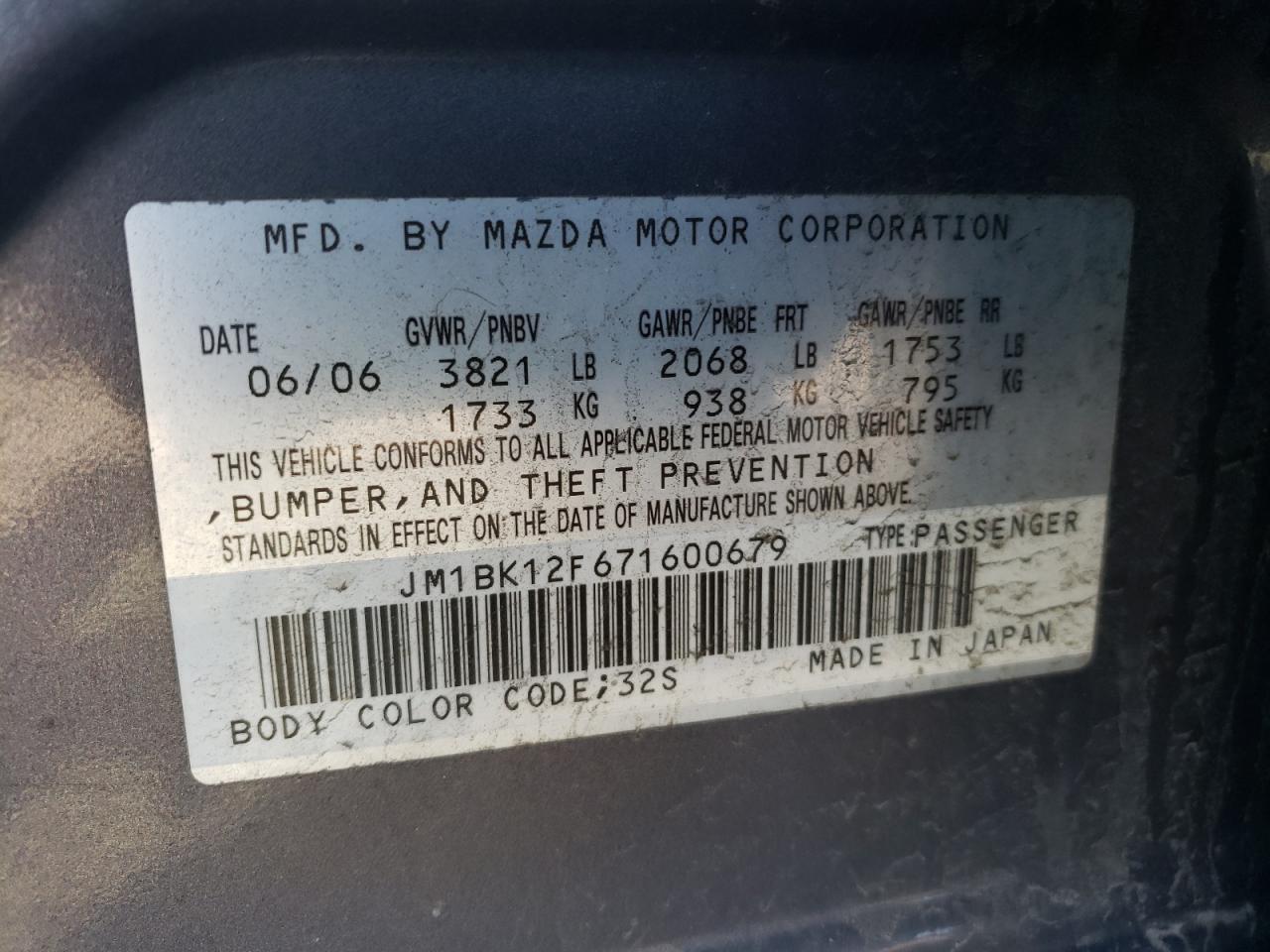 Photo 10 from auction – 2007 MAZDA 3 I with VIN JM1BK12F671600679