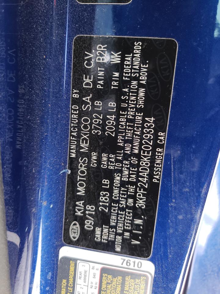 Photo 10 from auction – 2019 KIA FORTE FE with VIN 3KPF24AD8KE029334