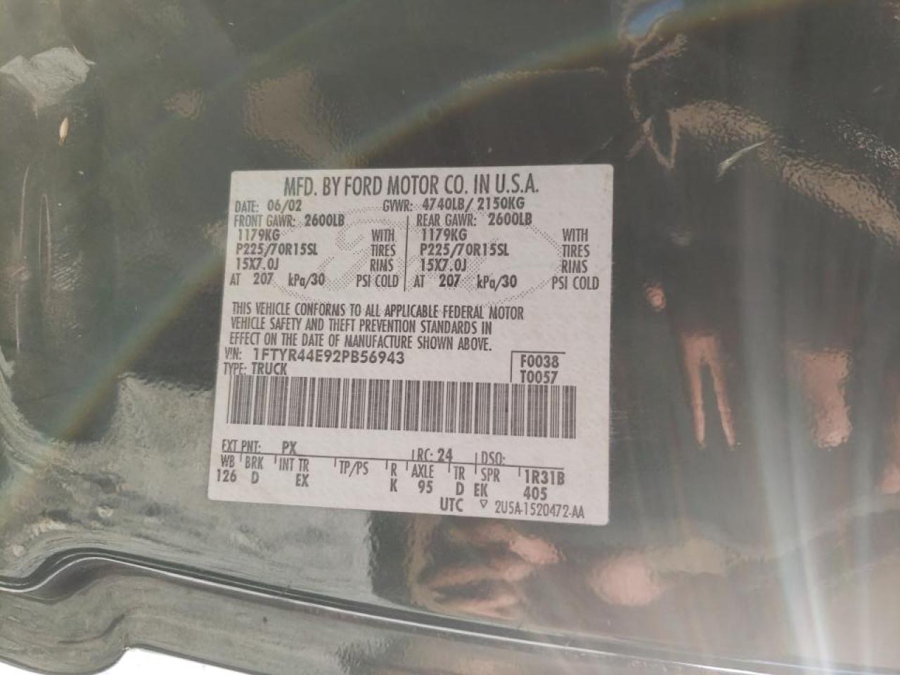 Photo 10 from auction – 2002 FORD RANGER SUP with VIN 1FTYR44E92PB56943