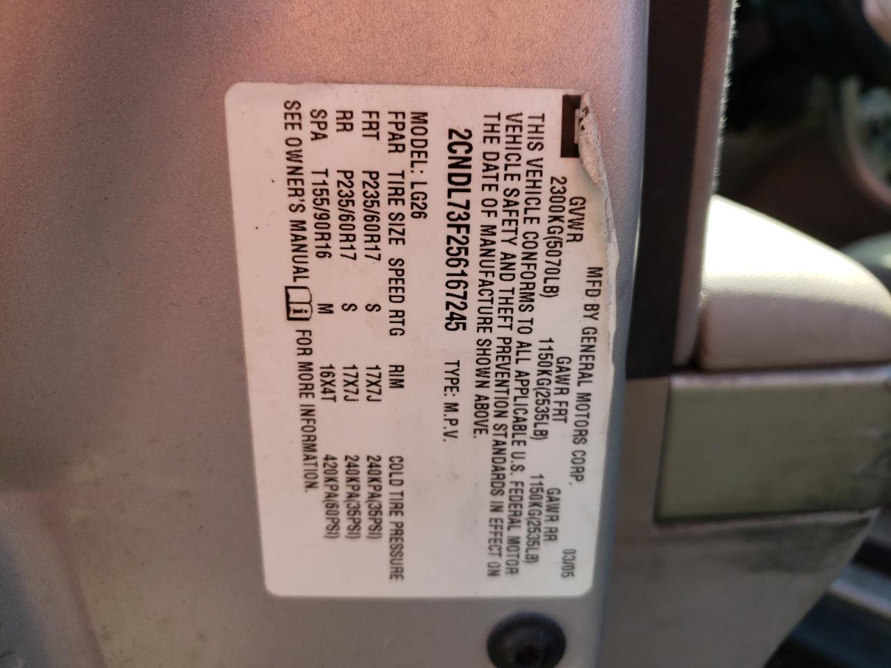 Photo 10 from auction – 2005 CHEVROLET EQUINOX LT with VIN 2CNDL73F256167245