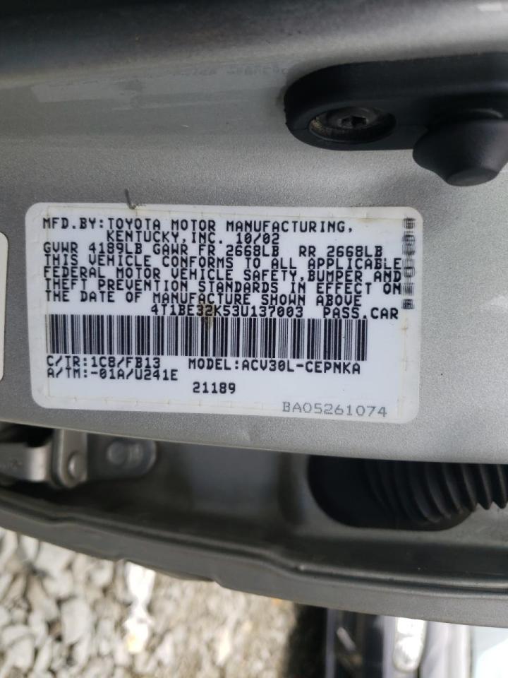 Photo 10 from auction – 2003 TOYOTA CAMRY LE with VIN 4T1BE32K53U137003
