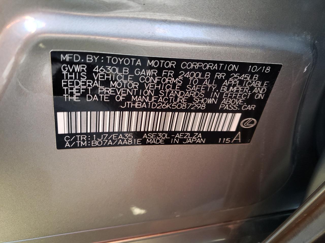 Photo 10 from auction – 2019 LEXUS IS 300 with VIN JTHBA1D26K5087298