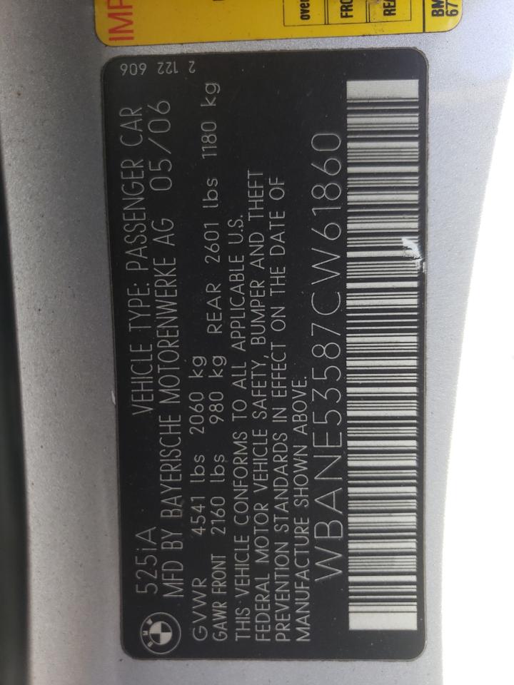 Photo 10 from auction – 2007 BMW 525 I with VIN WBANE53587CW61860