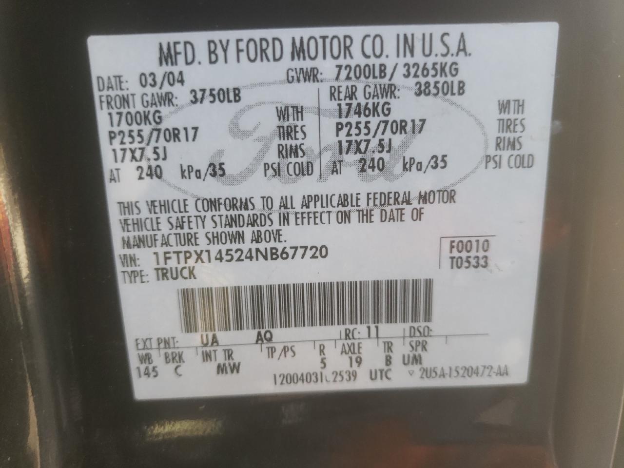 Photo 10 from auction – 2004 FORD F150 with VIN 1FTPX14524NB67720