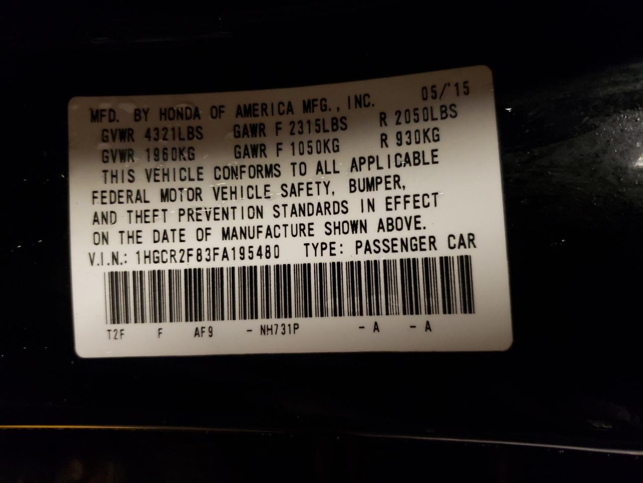 Photo 10 from auction – 2015 HONDA ACCORD EXL with VIN 1HGCR2F83FA195480