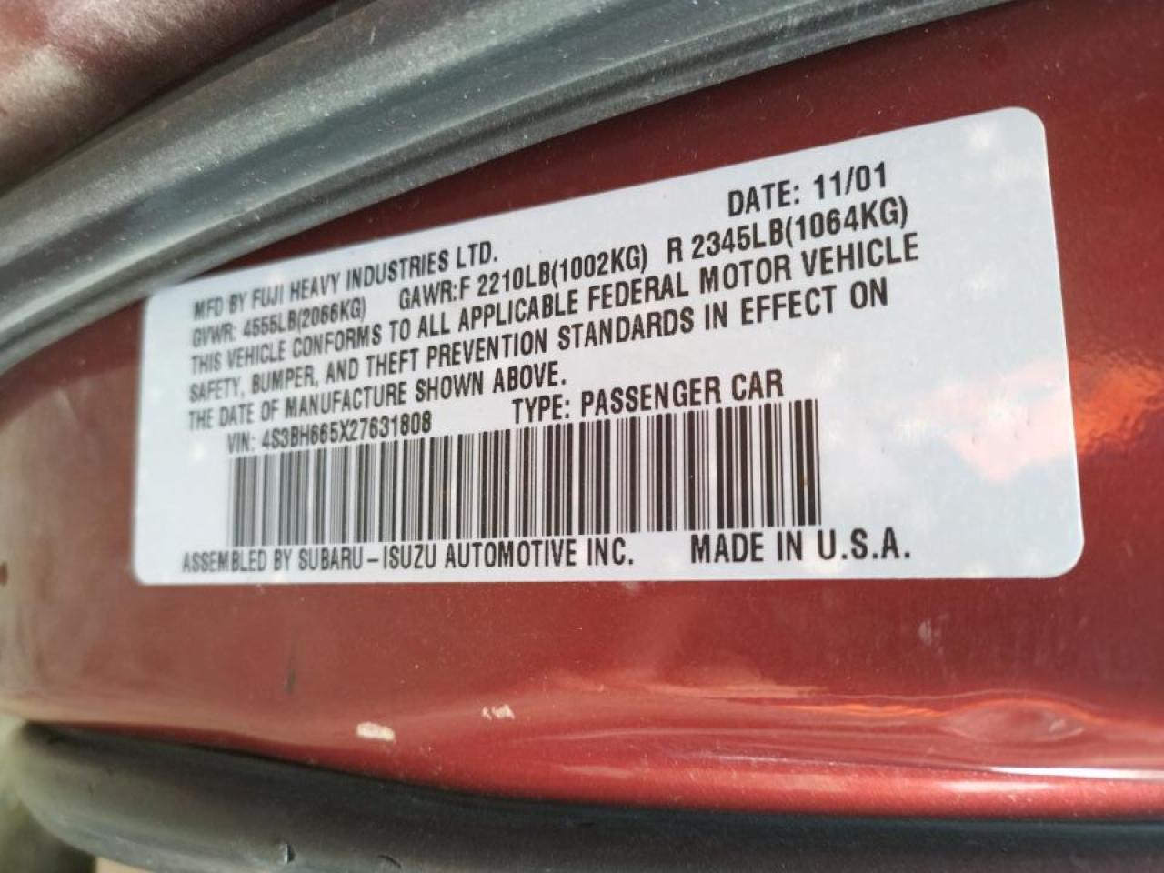 Photo 10 from auction – 2002 SUBARU LEGACY OUT with VIN 4S3BH665X27631808