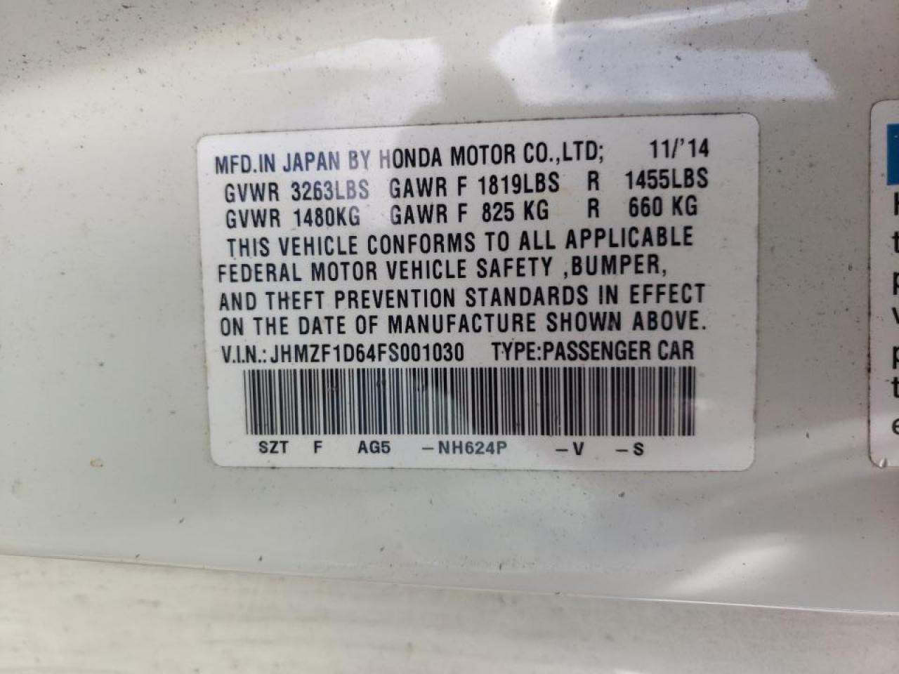 Photo 10 from auction – 2015 HONDA CR-Z EX with VIN JHMZF1D64FS001030