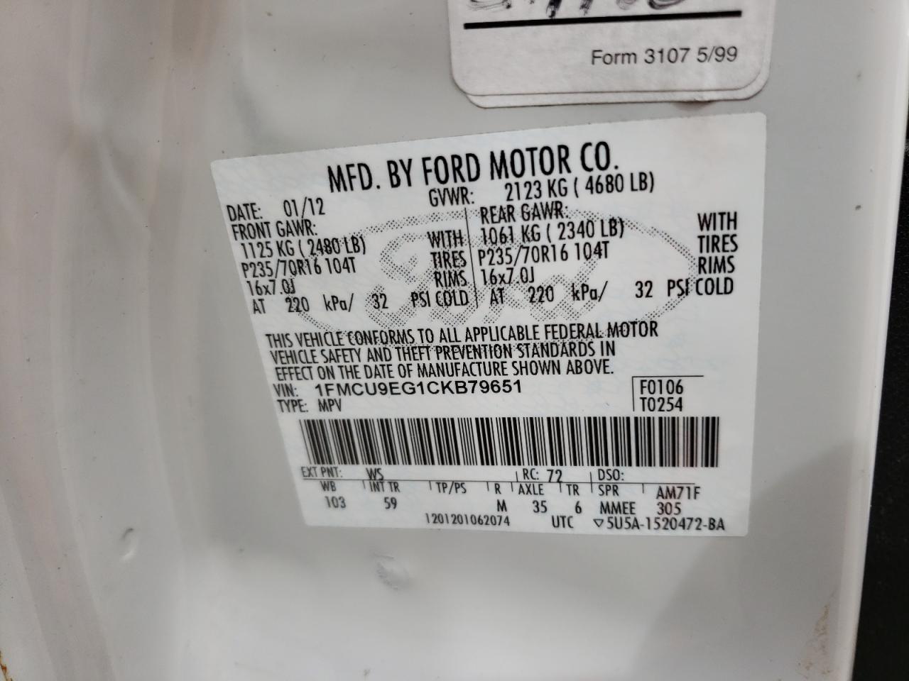 Photo 10 from auction – 2012 FORD ESCAPE LIM with VIN 1FMCU9EG1CKB79651