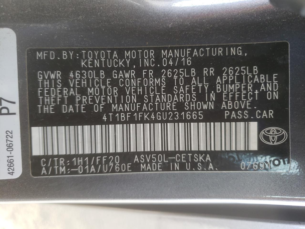 Photo 10 from auction – 2016 TOYOTA CAMRY LE with VIN 4T1BF1FK4GU231665