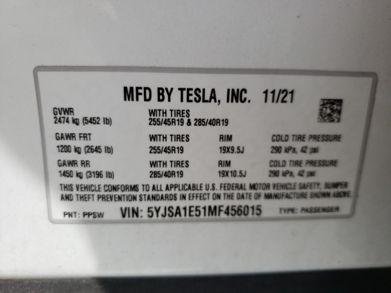 Photo 10 from auction – 2021 TESLA MODEL S with VIN 5YJSA1E51MF456015