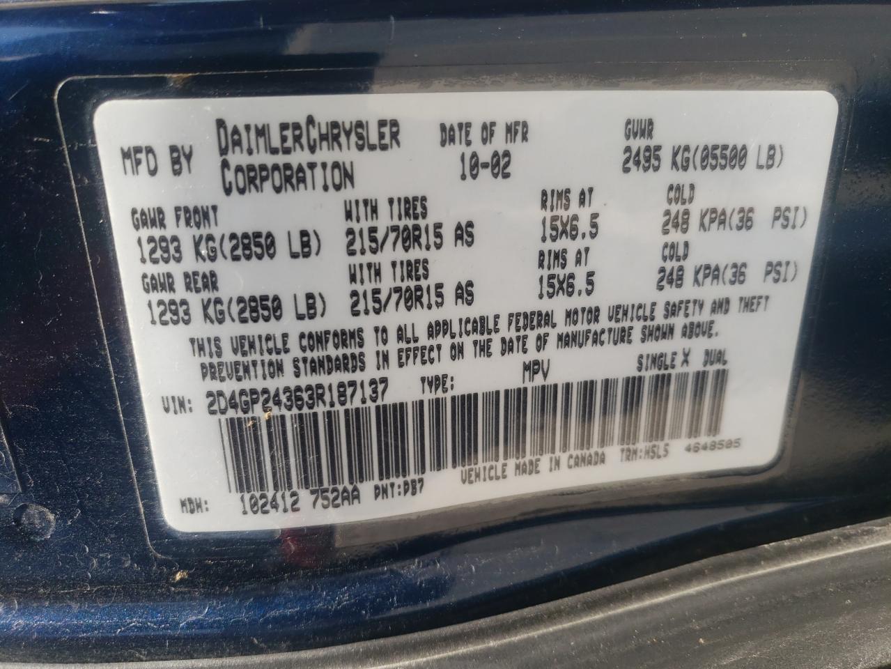 Photo 10 from auction – 2003 DODGE GRAND CARA with VIN 2D4GP24363R187137