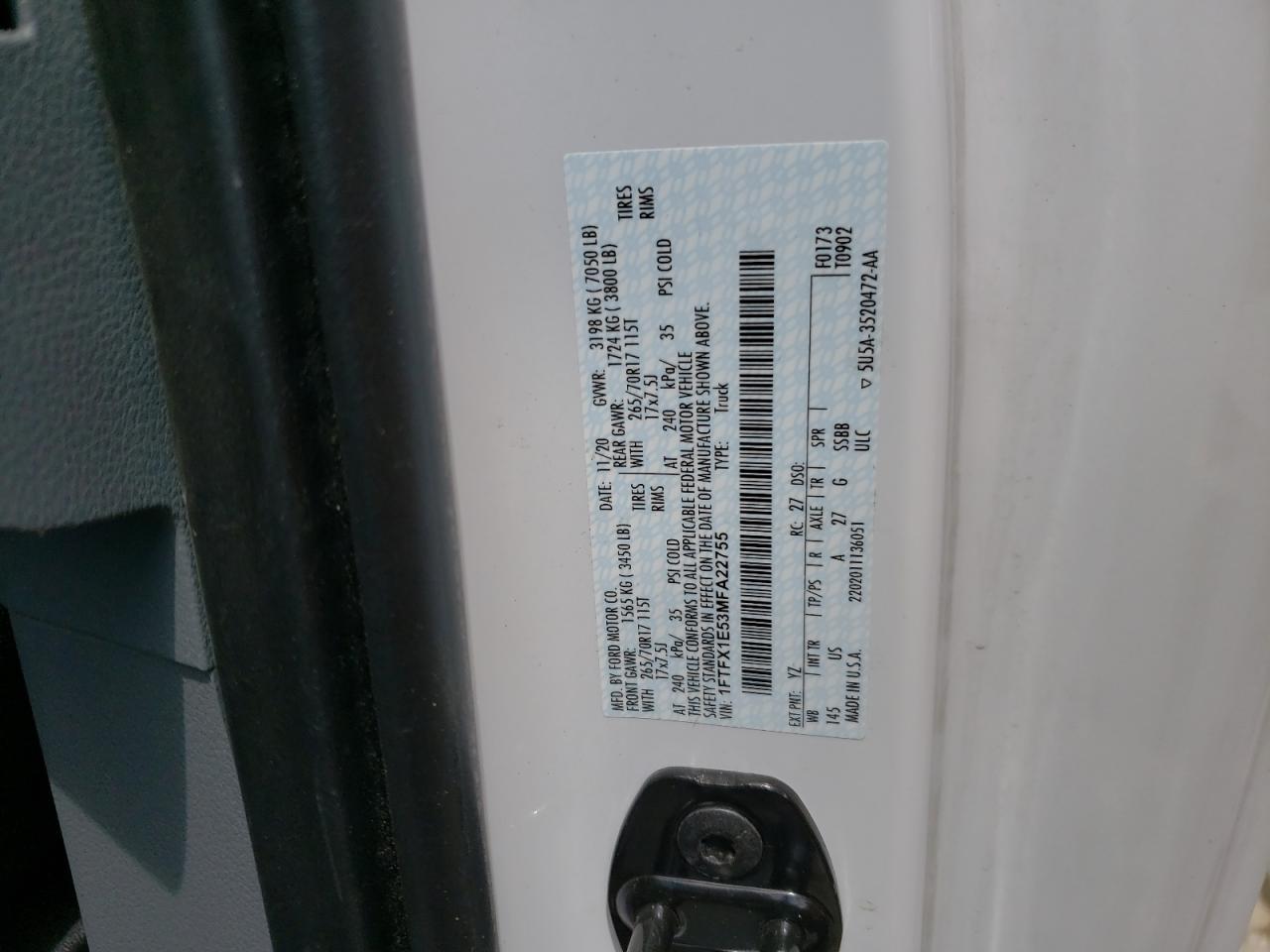Photo 10 from auction – 2021 FORD F150 SUPER with VIN 1FTFX1E53MFA22755