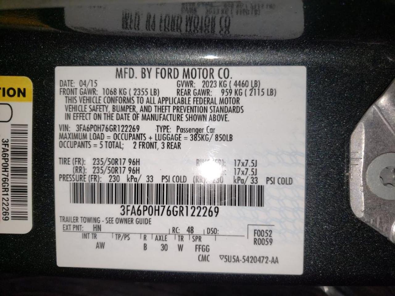 Photo 10 from auction – 2016 FORD FUSION SE with VIN 3FA6P0H76GR122269