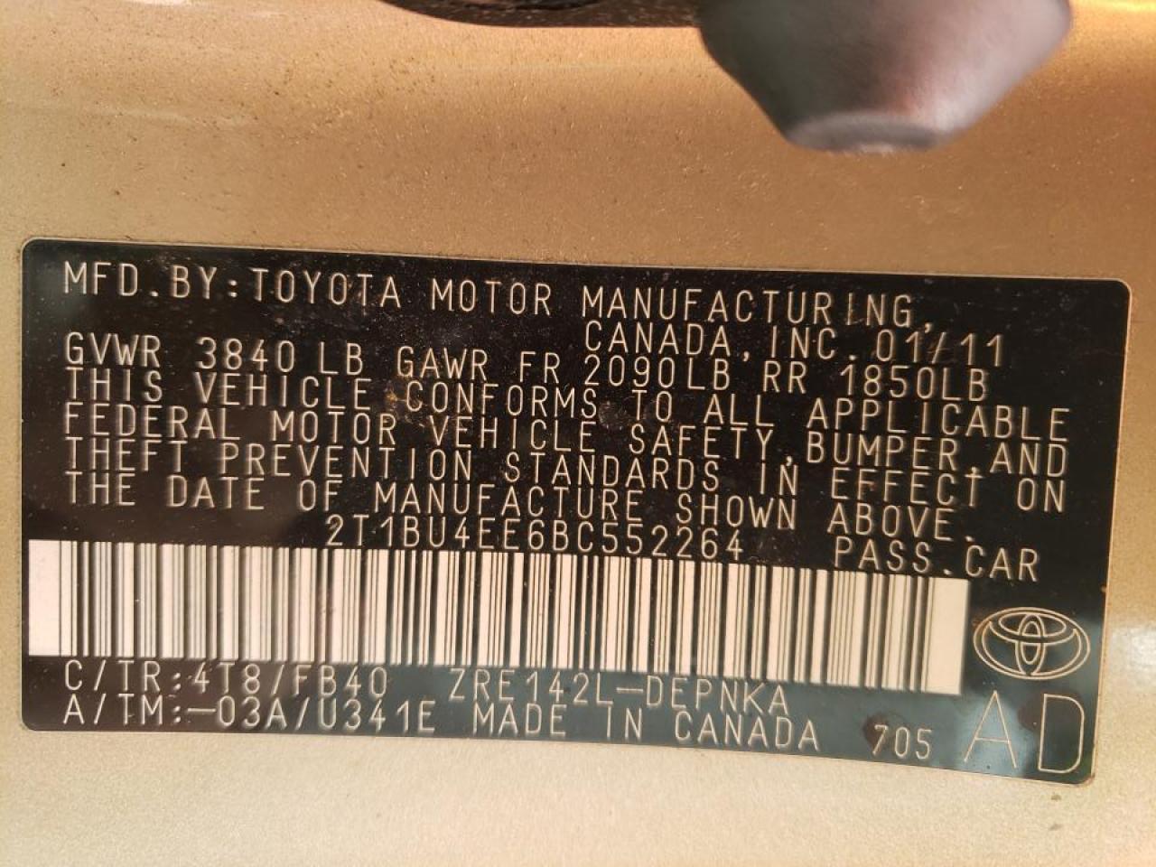 Photo 10 from auction – 2011 TOYOTA COROLLA BA with VIN 2T1BU4EE6BC552264