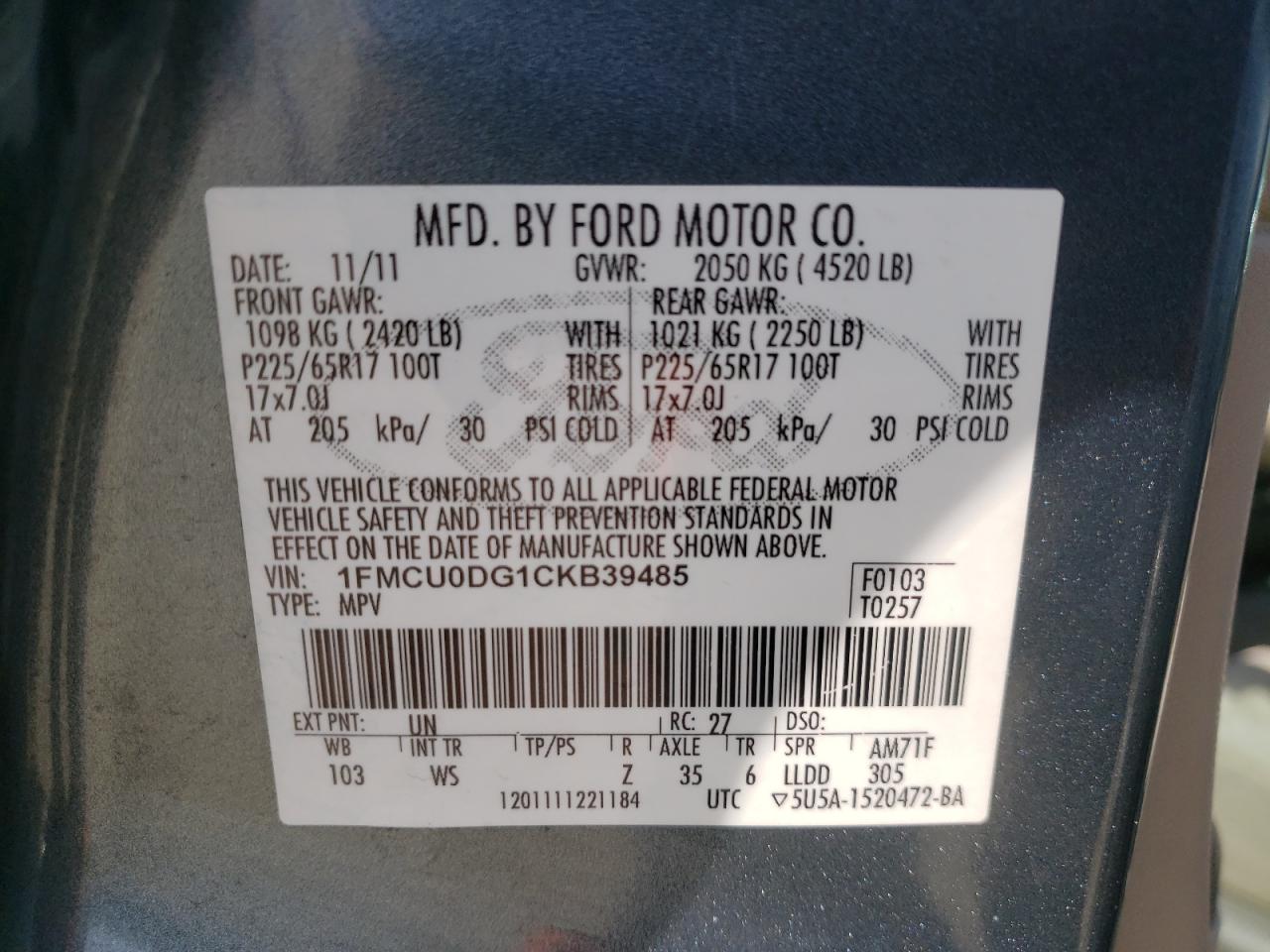 Photo 10 from auction – 2012 FORD ESCAPE XLT with VIN 1FMCU0DG1CKB39485