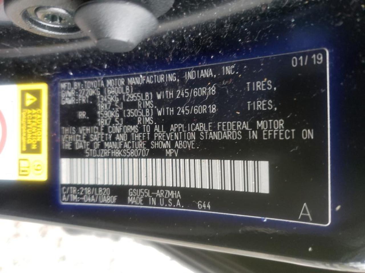 Photo 10 from auction – 2019 TOYOTA HIGHLANDER with VIN 5TDJZRFH8KS580707